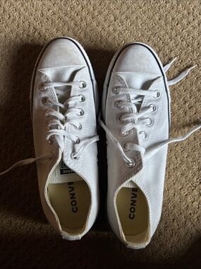 Converse White Low-Top Canvas Sneakers with Black Sole Stripe